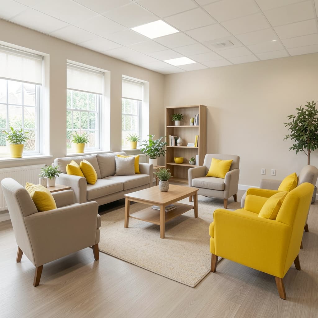 A bright, tidy care home lounge